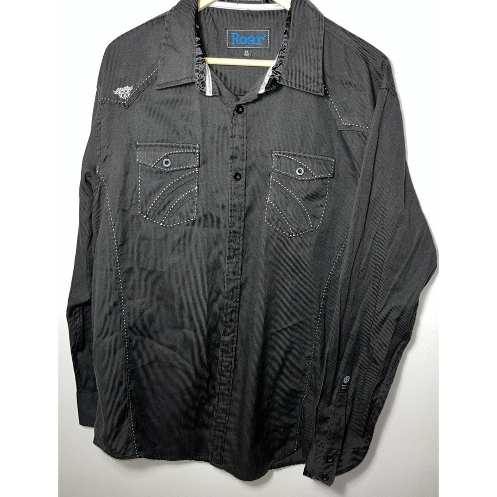 ROAR Mens XL Embroidered Long Sleeve Button Down‎ Black Shirt